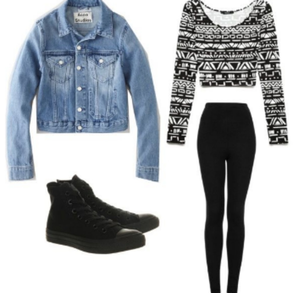 Denim jacket, Croptop, Leggins, Shoes.